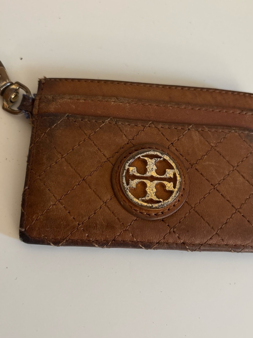 Tory Burch Chestnut Quilted Leather Card & Key Holder with Logo Charm